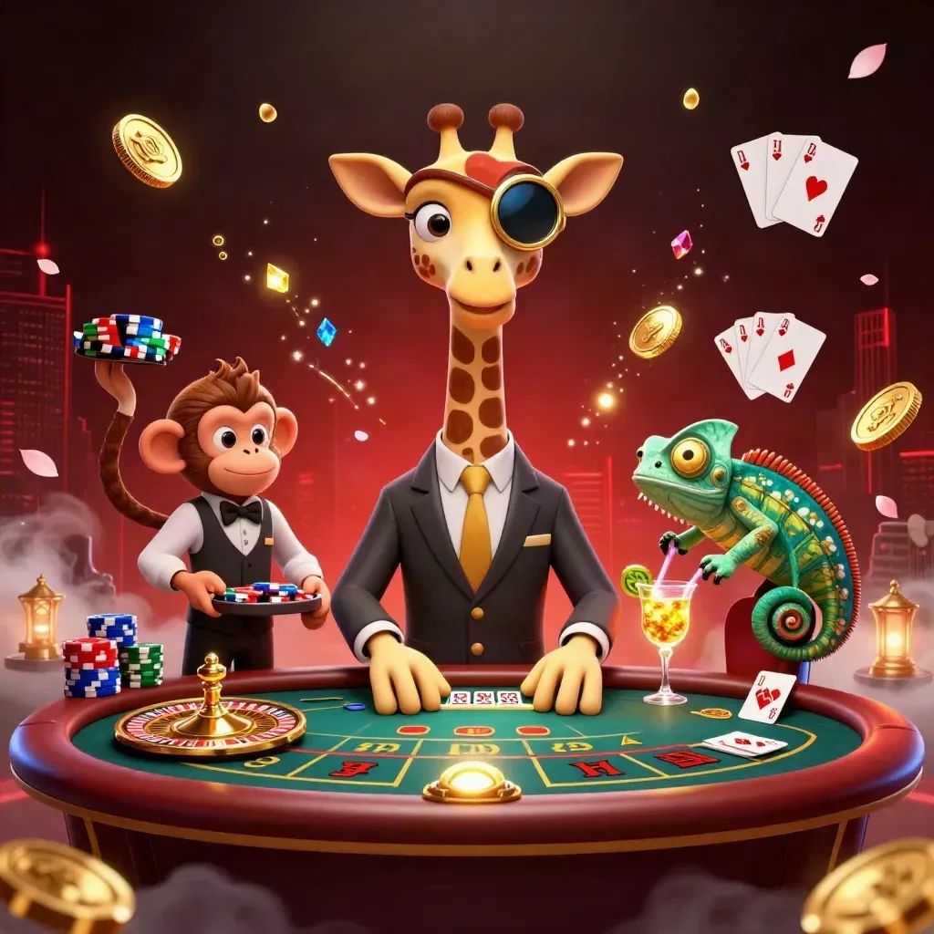 Giraffe high roller, monkey valet, and chameleon bartender in a luxe casino scene