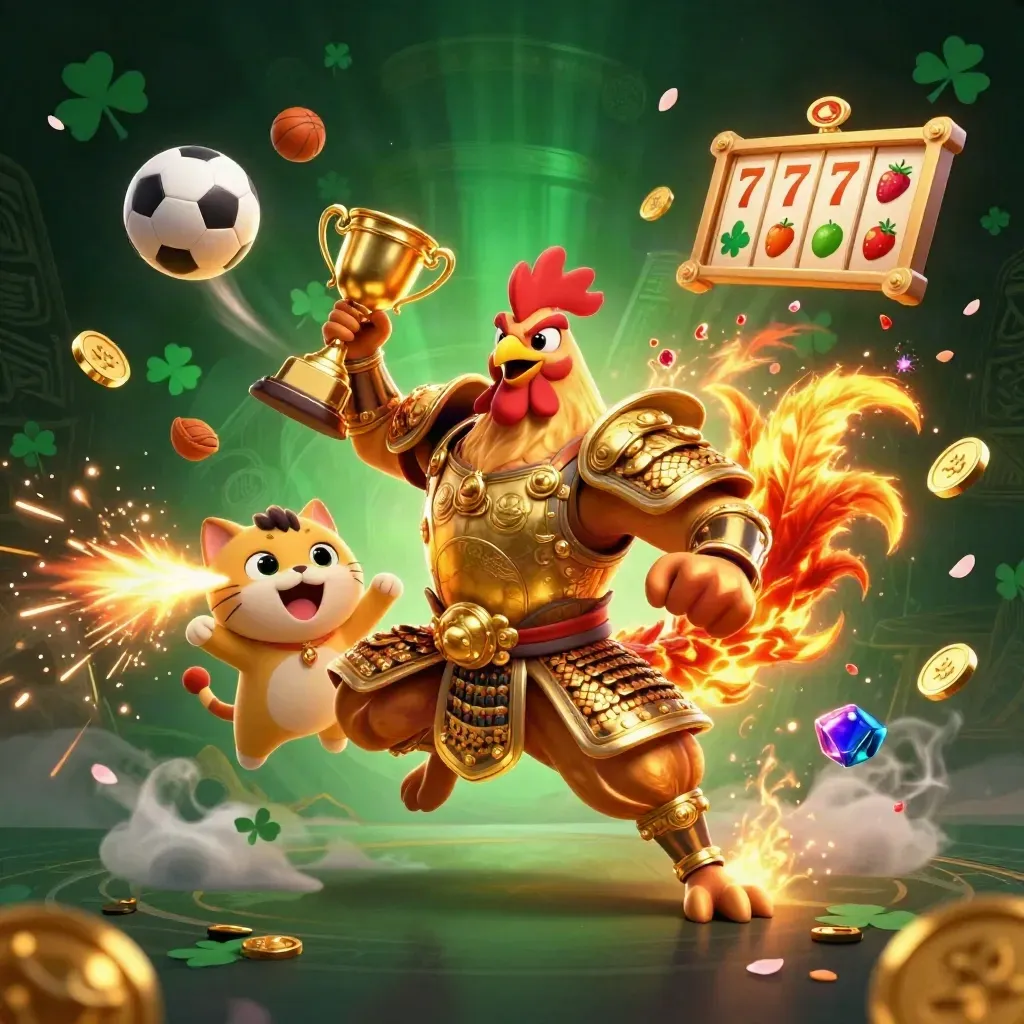 Rooster samurai, spark-breathing dragon hatchling, and cheering fortune-cat amid casino energy.