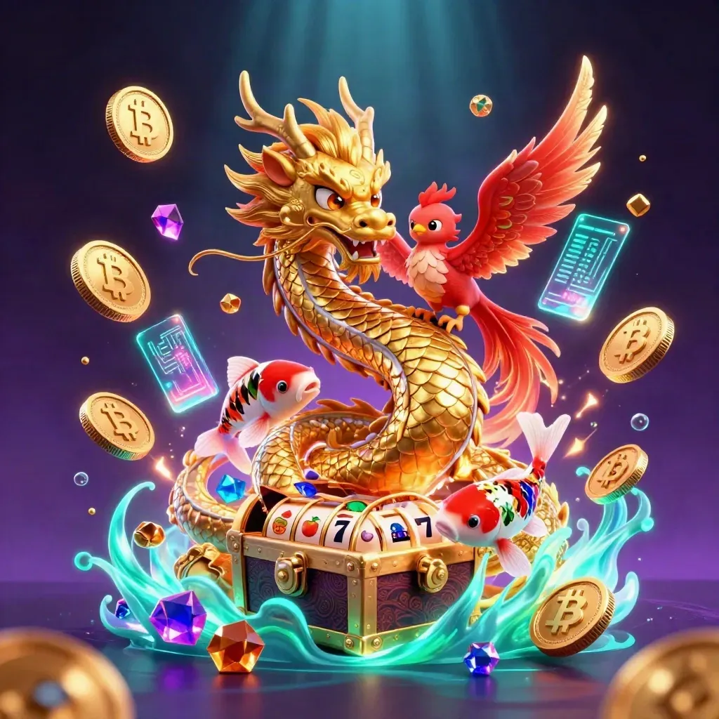 Golden dragon with phoenix and koi amid bursting treasure, coins, lightning, and neon casino magic