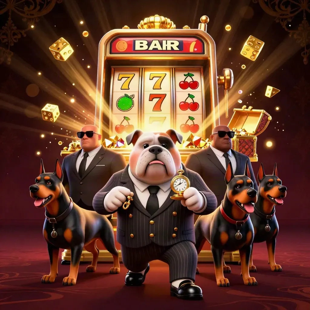 Bulldog mob boss and Dobermans amid exploding slot machine, gold, gems, and casino glow.