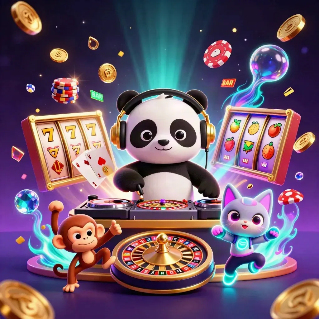 DJ panda, breakdancing monkey, and rave kitten amid coins, gems, chips, and glowing casino neon.