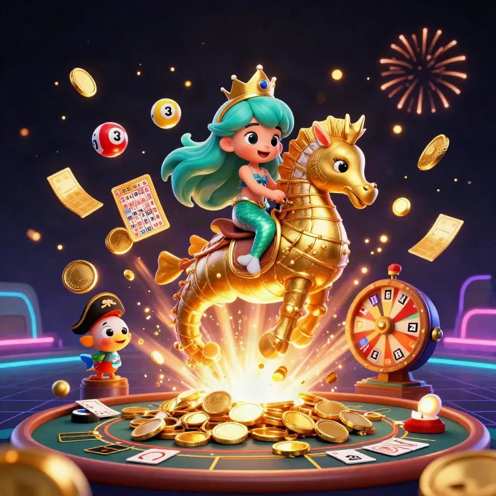Mermaid princess on a golden seahorse amid casino prizes, coins, cards, fireworks, and neon glow.