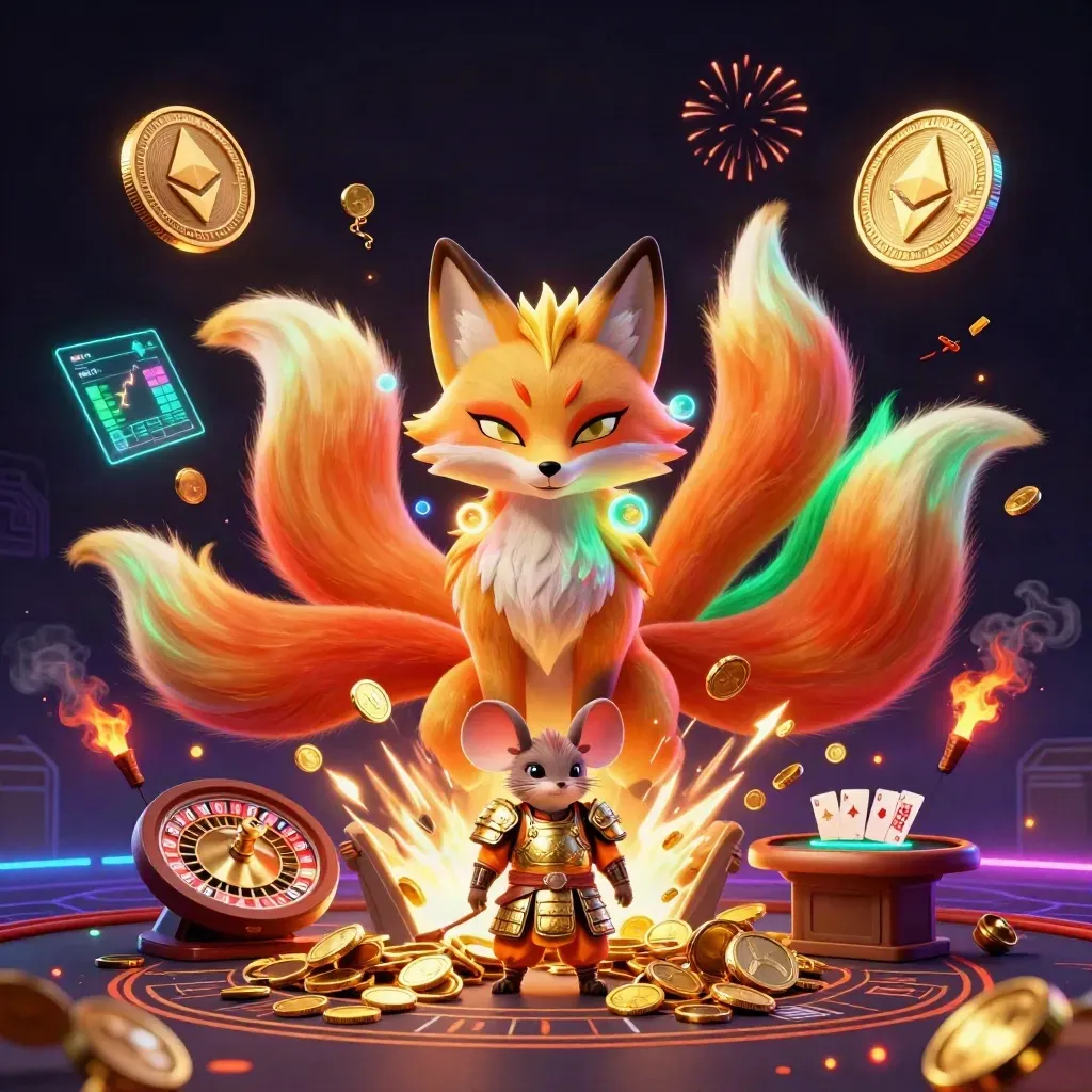 Fox spirit and samurai mouse amid casino coins, roulette, cards, and neon treasure explosion.
