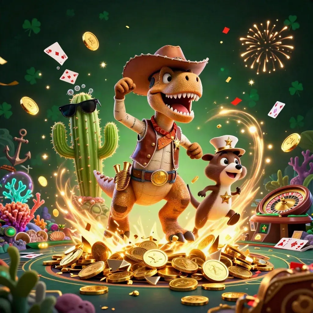Cowboy T-Rex, cactus sidekick, and roadrunner amid coins, treasure, fireworks, and casino glow.