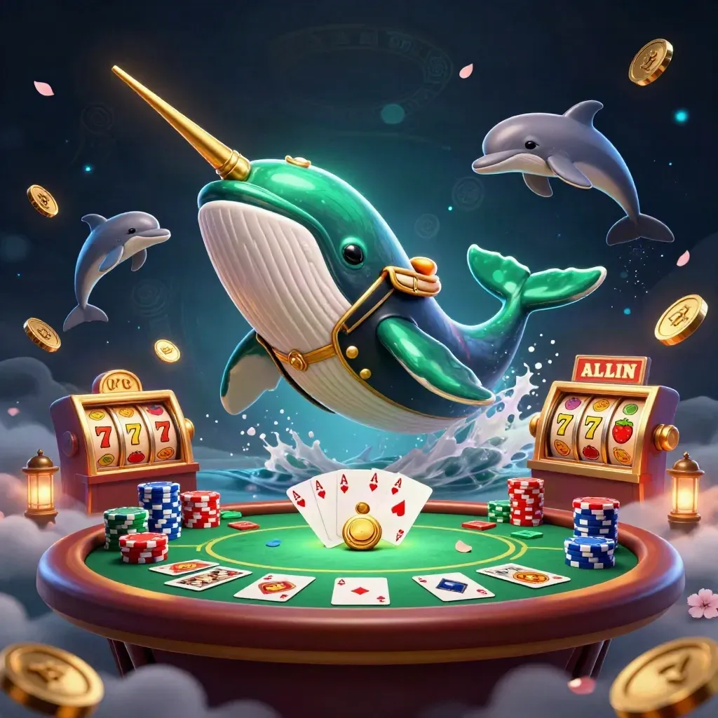 Whale captain with narwhal and dolphins amid casino chips, reels, coins, and glowing effects.
