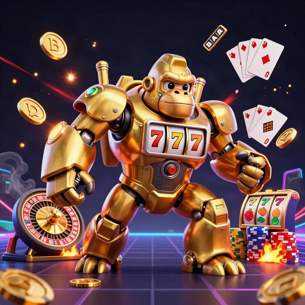 Golden gorilla slot-mech with monkey pilot amid coins, roulette wheel, chips and glowing sparks
