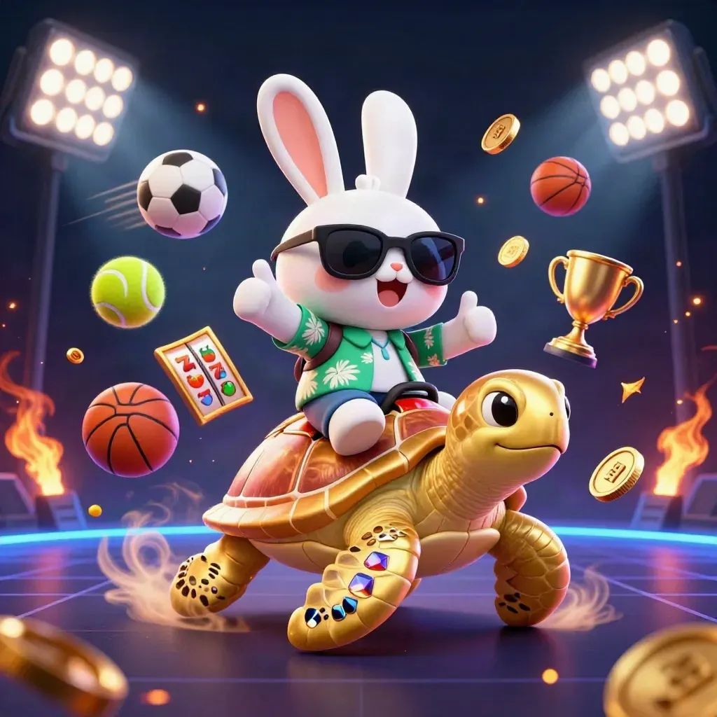 Lucky rabbit rides a gem turtle amid coins, balls, trophies, reels, neon casino glow.